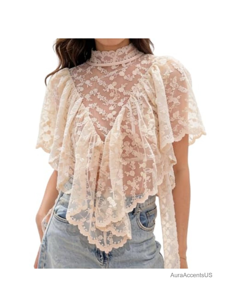 Women's Lace Poncho Top Sheer Ruffle Blouse Boho Going Out Summer Cover Up